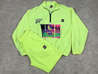 Vtg Surf Style Ft Lauderdale Windbreaker Track Suit Neon Green L Beach 90s