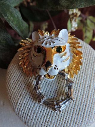 Vintage Pauline Rader Gold Tone Lion Head Brooch Pin Pendant Enamel