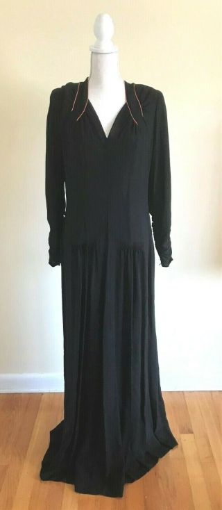 Vintage 1930s 1940s Black Crepe Dress W/salmon Accent Piping Size 12