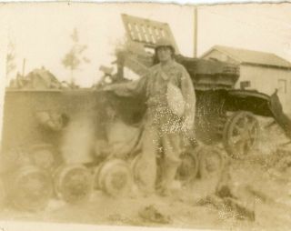 Org Wwii Photo: American Gi With Destroyed German Panzer