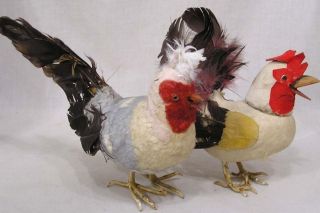 Vintage Pair Easter Chicken Candy Containers Rooster Hen Real Feathers Japan