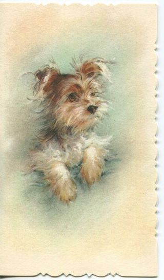 Vintage Yorkshire Terrier Dog Teal Print 1 Victorian Christmas Folk Art Card