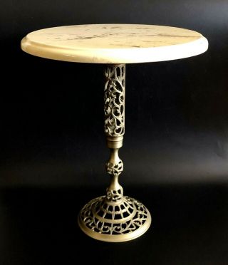 Vintage 18” Tall Accent Table W/ Round Marble Top & Rococo Brass Pedestal Stand