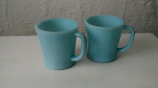 2 Vtg Azurite Delphite Blue Fire King Oven Ware D Handle Coffee Cups Mugs