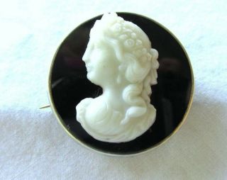Vtg Sterling Silver Onyx Jet Victorian Lady Stone Raised Cameo Pin Brooch