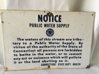 Porcelain Sign Vintage Public Water Supply Connecticut 8 X 12 Health Department