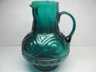 Empoli Blue Hand Blown Glass Pitcher Aqua teal handle VTG carafe 2