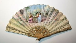 Exquisite Antique Silk Spanish Painted Hand Fan Signed P Garcia