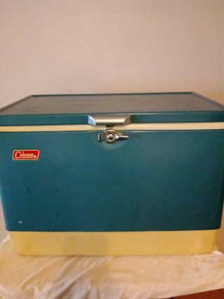 Vintage Coleman Blue Metal Cooler Ice Box Metal Handle Bottle Opener
