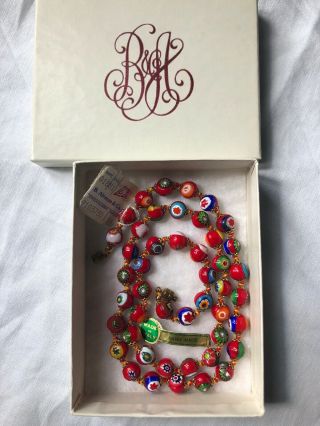 Venetian Murano Millefiori Red Necklace Knotted Italy Glass Vintage Box