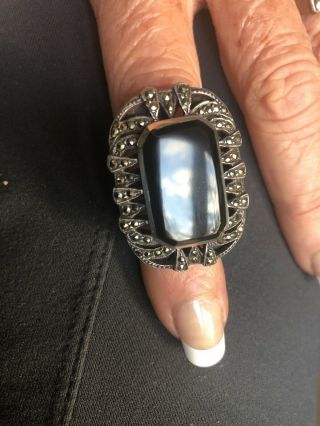 Vintage Sterling Silver 925 Art Deco Marcasite Large Black Onyx Ring Size 7