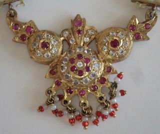 Vintage East Indian Gold Plate Silver Ruby White Sapphire Pearl Necklace
