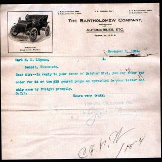 1904 Automobile Manufacturer Peoria - The Bartholomew Company Rare Letter Head