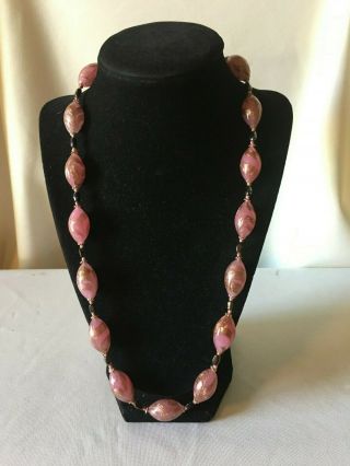 Vintage " Venetian/murano " Glass Pink & Gold Iridescent Swirl Bead Necklace