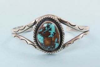 Vtg Native Am Navajo Sterling Silver Cuff Bracelet W/ Brown Matrix In Turquoise