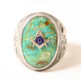 Vintage Masonic Ring Sterling & Turquoise Southwest Design,  Sz 11 Masons