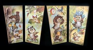 Vintage Coby Bathing Owl Prints Mounted On Wood Plaque Picture Hanging Nursery