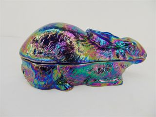 Vintage Imperial Carnival Glass Cobalt Blue Atterbury Rabbit Covered Candy Dish