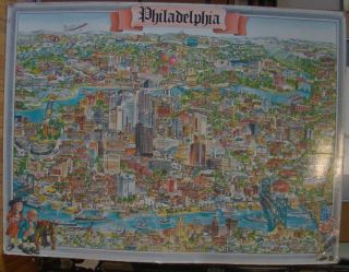 Vintage Philadelphia Cartoons Map 1977 By Cindy Delpart; Tom Dodds; Archar Inc.