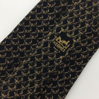 Hermes Paris France Tie Interlink Chain Black Wide Silk Necktie Ties De Vintage