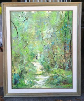 Huge Vintage Mid Century Modern Oil Painting Abstract Green Forest Landscape