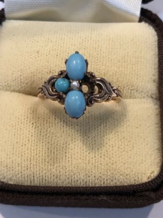 Antique Victorian 10k Rose Gold Turquoise Seed Pearl Ring Missing 1 Stone