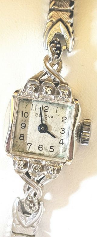 Vintage 14k White Gold Bulova 23 Jewel Ladies Watch W 6 Diamonds