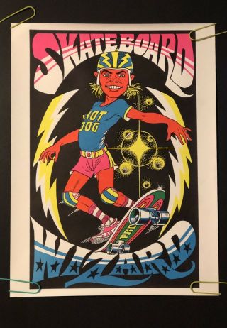 Skateboard Wizard Hot Dog Vintage Blacklight Poster Pin - Up Retro 1970’s