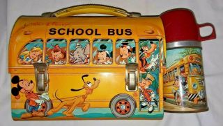 Vintage 1960s Disney Mickey Mouse School Bus Metal Lunch Box Aladdin W/ Thermos