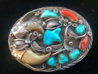 Vintage Navajo Sterling Silver Turquoise Coral Claw Belt Buckle Signed