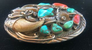 Vintage Navajo Sterling Silver Turquoise Coral Claw Belt Buckle Signed 4