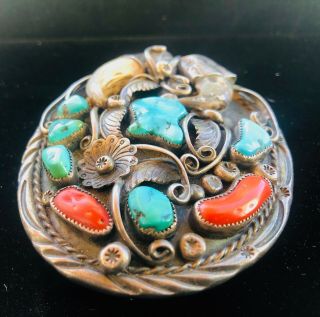 Vintage Navajo Sterling Silver Turquoise Coral Claw Belt Buckle Signed 5