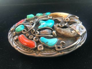 Vintage Navajo Sterling Silver Turquoise Coral Claw Belt Buckle Signed 6