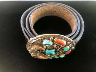 Vintage Navajo Sterling Silver Turquoise Coral Claw Belt Buckle Signed 7