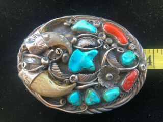 Vintage Navajo Sterling Silver Turquoise Coral Claw Belt Buckle Signed 8