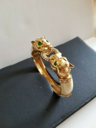 J Crew Cougar Panther Jeweled Rhinestone Enamel Hinged Bangle Bracelet Ivory