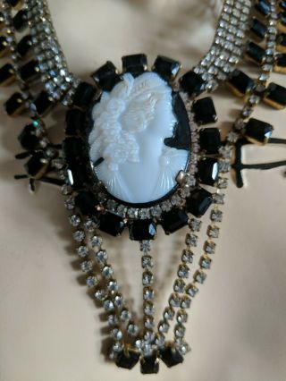 Vintage Signed Husar D Rhinestone Cameo Czech Necklace Black & White So Fab