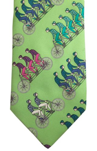 Vtg Fornasetti Milano Silk Necktie / " Multiplette " Bicyclists / Lime Green