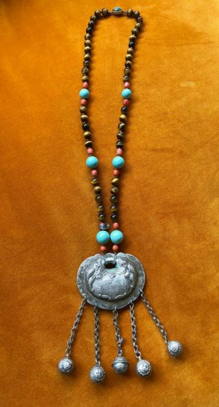 Chinese Silver Lock Pendant Beaded Necklace With Turquoise And Tiger Eye Beads