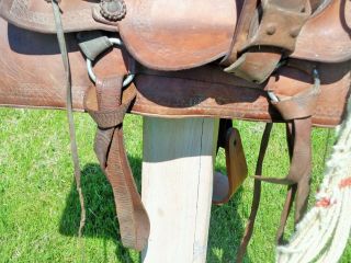 Old Vintage Antique Leather Cowboy Western Horse Saddle WIDE Wood Stirrups NO RE 4