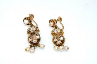 Victorian Pearl Yellow Gold Filled Lyre Drop Earrings Screw Back