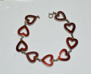 Vtg Meka Denmark Sterling Silver Red Enamel Heart Danish Bracelet