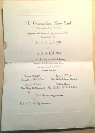 Charleston,  Sc - 1943 Invitation To Launching Of 2 Ships - At Navy Base