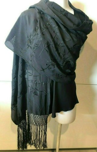 Vintage Black Silk & Embroidered Long Shawl/scarf 157x54cm &25cm Fringe,  Handroll