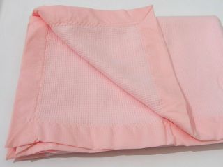 Vtg Baby Morgan Cozy Baby Blanket Acrylic Thermal Weave Pink Nylon Binding