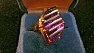 Vtg 14k Solid Yellow Gold Ladies Cocktail Ring/ Amethyst,  Diamonds 6.  2 Gm.  Size 6