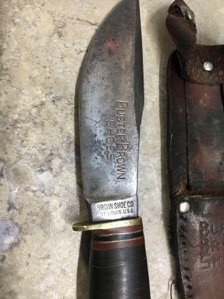 VINTAGE EARLY MARBLES FIXED BLADE KNIFE BUSTER BROWN SHOES 4 1/2 
