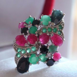 Natural Ruby,  Emerald,  Sapphire Ring,  Vintage Estate 925 Sterling Silver,  S - E 5.  75