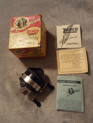 Early Vintage Black & Chrome Zebco 33 Spinning Reel W/box,  Paperwork Very