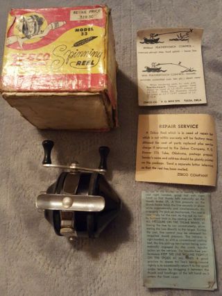 Early vintage Black & chrome Zebco 33 Spinning reel w/box,  paperwork very 2